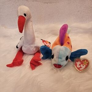 Ty Plush Bird "Stilts" and Vibrant Fish "Lips", Excellent Condition with Tags